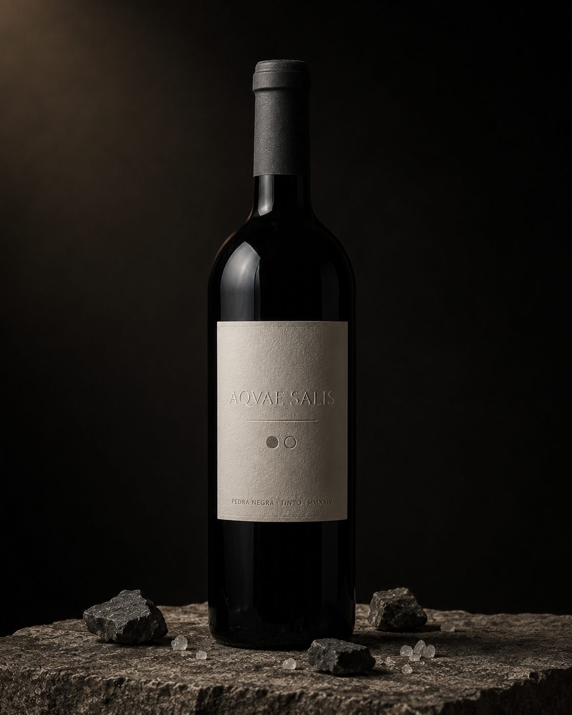 Pedra Negra · garrafa de tinto sobre granito